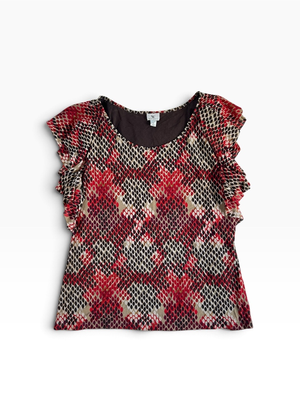 Worthington Red, Cream & Black Patterned Ruffle Sleeve Top